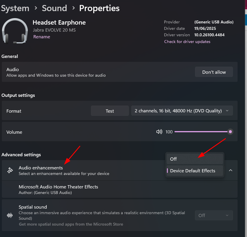 Turned off Audio enhancement