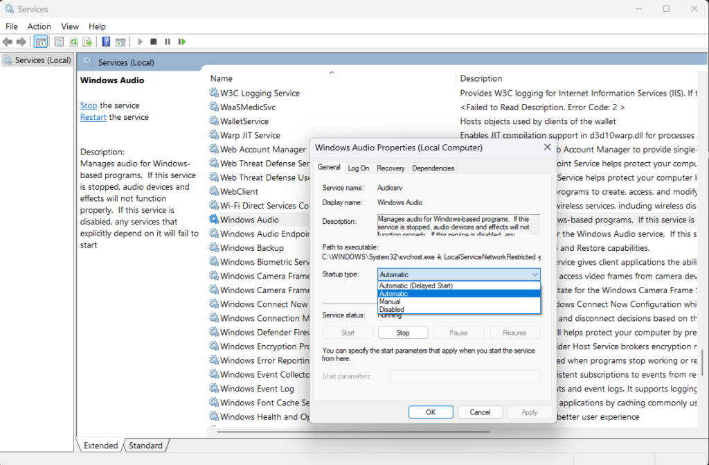 Set audio services to Automatic